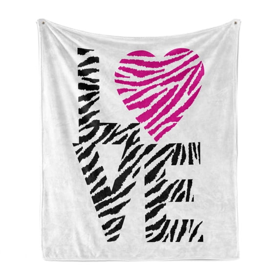 Love Soft Flannel Fleece Blanket, Vintage Zebra Motifs of Lettering and Hearts Pattern on Plain Backdrop, Cozy Plush for Indoor and Outdoor Use, 50" x 70", White Hot Pink and Black, by Ambesonne