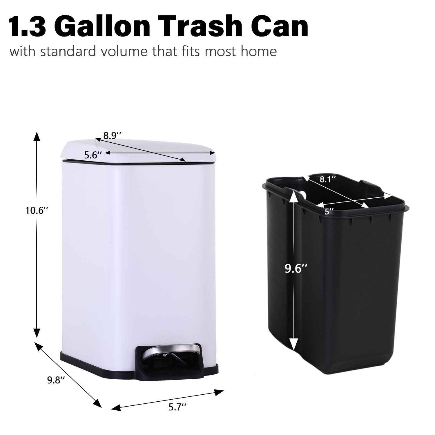 CL.HPAHKL 5L / 1.3 Gallon Slim Step Trash Can, Stainless Steel Bathroom Trash Bin with Lid & Removable Inner Bucket, Pedal Garbage Can for Bathroom,Bedroom,Home Office (2, White)