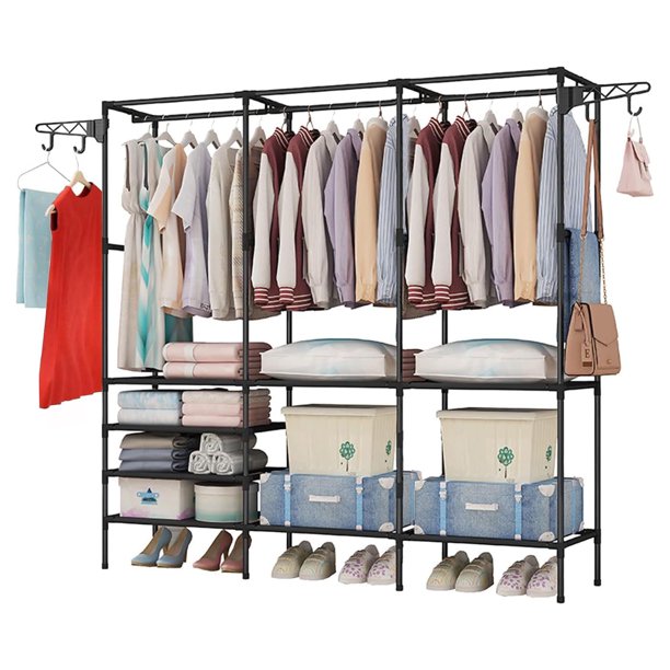 Organizador de Metal para Ropa, Perchero de Pie para Armario, Closet Multifunción (Negro)