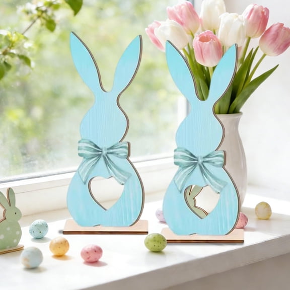 CuiLiyq 2 Pcs Easter Bunny Table Decorations, Wooden Rabbit Spring Tiered Tray Decorations, Farmhouse Rustic Table Centerpiece for Easter Home Spring Party Tabletop Decor (Blue)