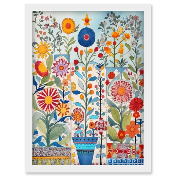 Garden Flowers Folk Art Watercolour Painting Artwork Framed Wall Art Print A4