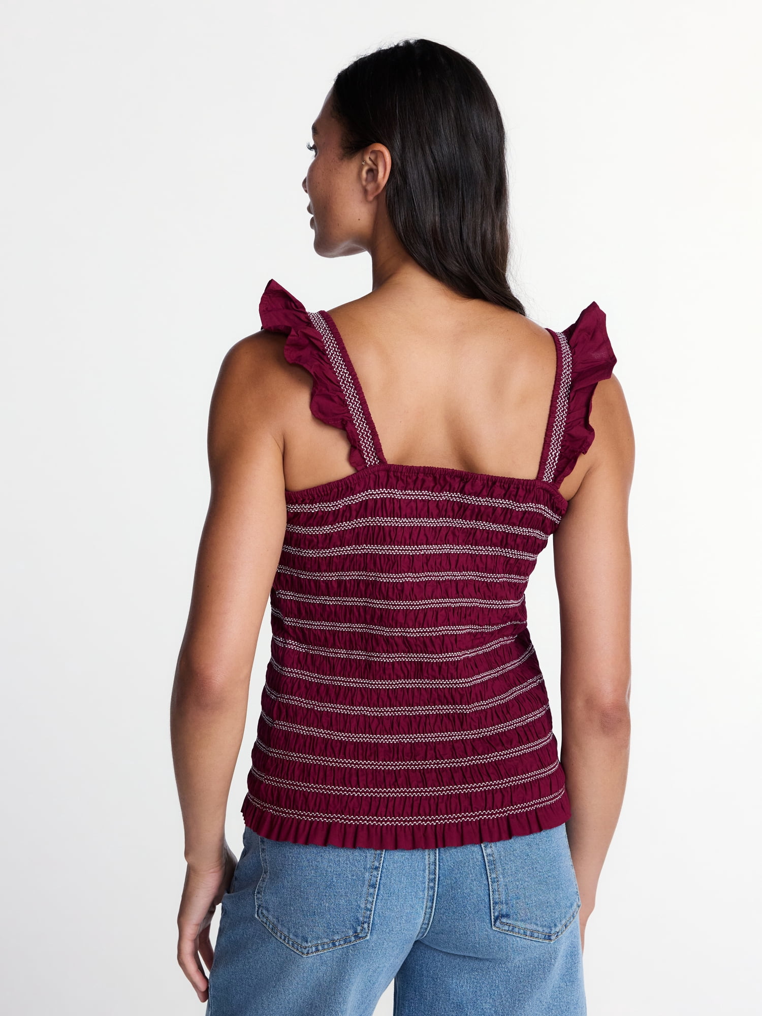 Time and Tru Women's Smocked Cotton Tank Top with Ruffle Straps, Sizes XS-XXXL