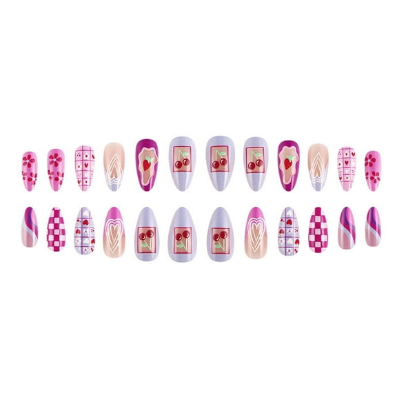 24 Pcs French Tip Stick on Nail Strawberry False Nail Almond Medium Press On Nail with Plaids Flower Artificial Nail