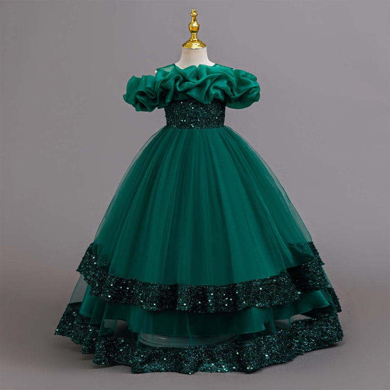 VBEWZET Off Shoulder Ruffle Sequin Flower Girl Dresses for Wedding, Long Tiered Gown Birthday Dress for Girls Elegant Girls Summer Pageant Dress Green 4-5 Years
