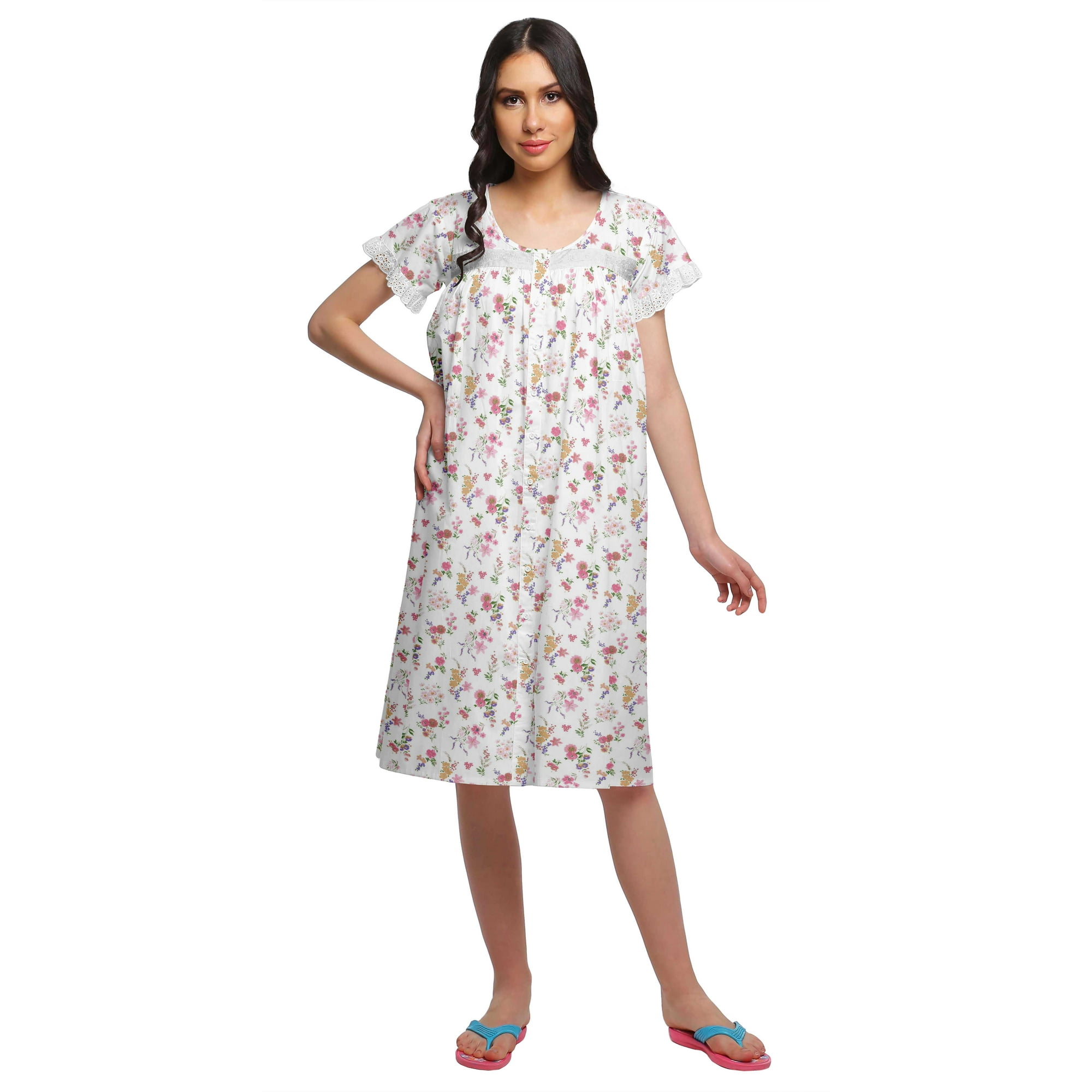 Moomaya Cotton Poplin Button Down Nightdress For Women Printed Nursing Nightwear