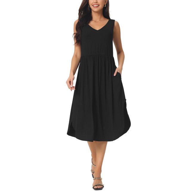 INSPIRE CHIC Robe d'Été Sans Manches Col en V Décontractée Midi de Plage avec Poches Noire P