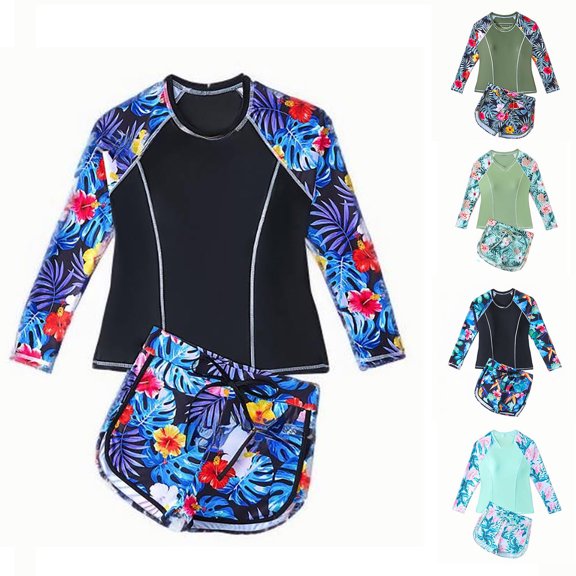 Xmyrz Girls Bathing Suit Two Piece Long Sleeves Rash Guard Athletic Swim Aztec Tankini Sets Bathing Suit Swimwear