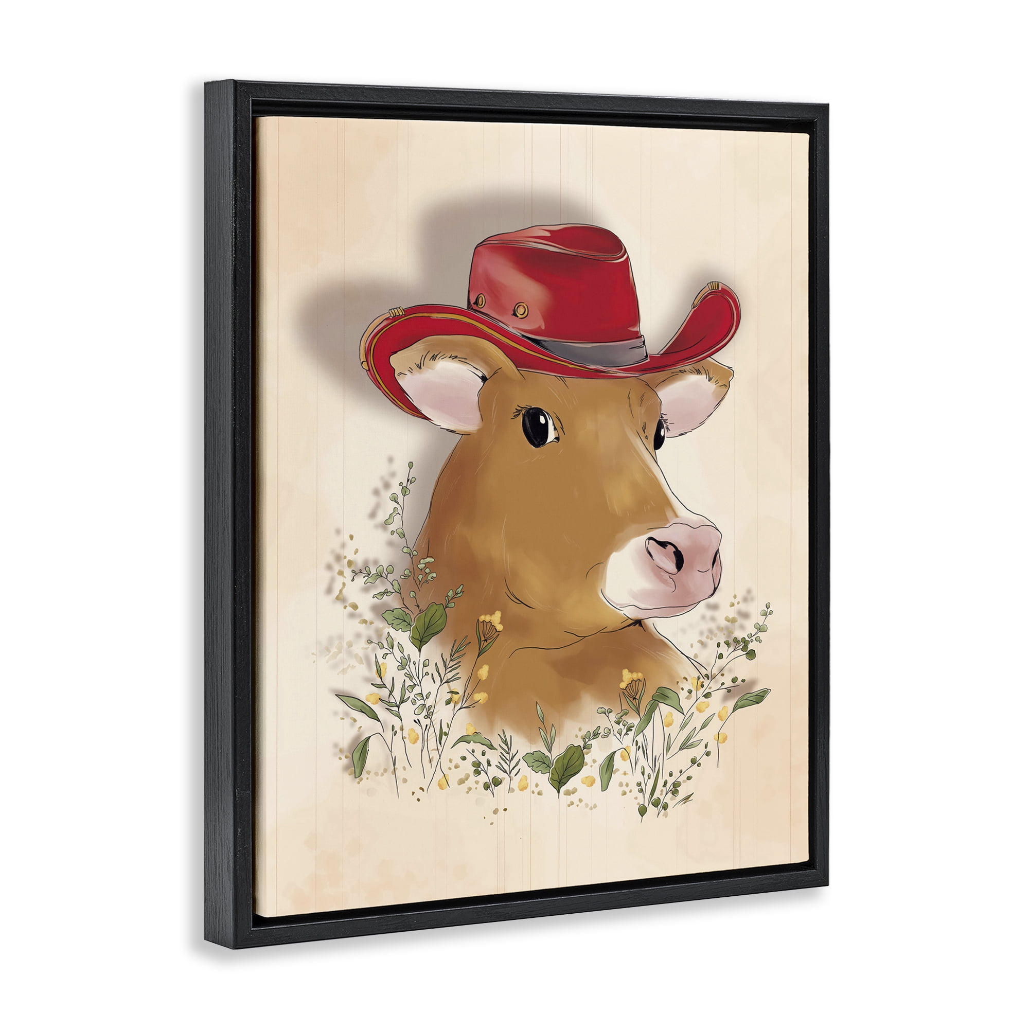Stupell Industries Cow with Red Cowboy Hat Animals Painting Black Floater Framed Canvas Art Print Wall Art, 17 x 21