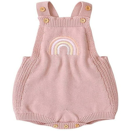 

Mioliknya Baby Girl Jumpsuit Knitted Rainbow Embroidery Printed Strap Style Romper