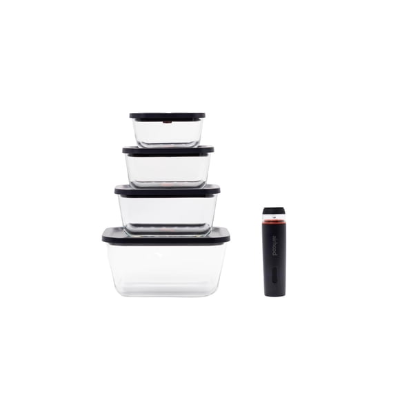airhood Ensemble de Contenants de Stockage Alimentaire sous Vi / Pompe Électrique Puissante + 4 Contenants en Verre Borosilicaté / Garde les Aliments Frais 5X Plus Longtemps / Micro-Ondes