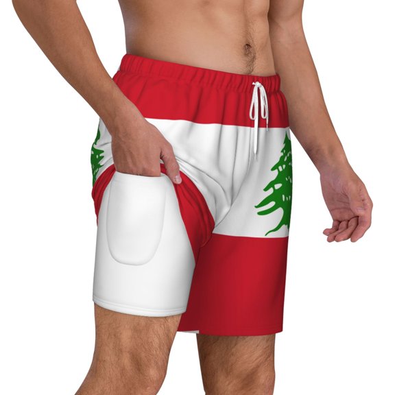Mens Flag Of Lebanon Swimming Trunks with Compression Liner Beach Quick Dry Swim Shorts