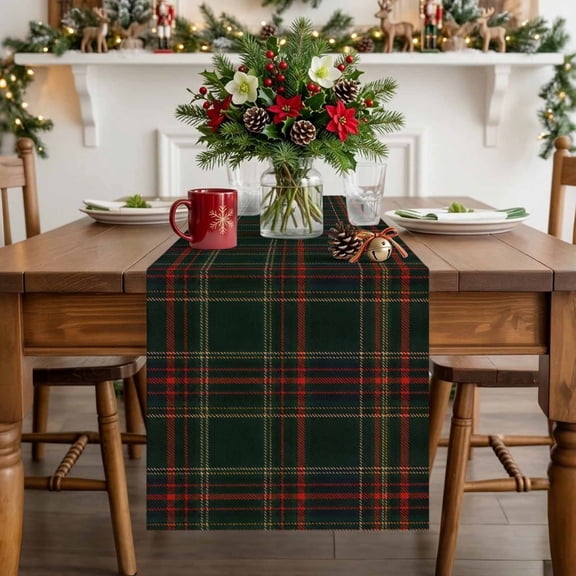 Classic Tartan Lattice Table Runner 36 Inches Long, Christmas Dark Green Red Plaid Table Runners Tabletop Scarf Kitchen Dining Tables Decoration for Home Party Indoor Outdoor