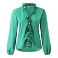 thumbnail image 5 of GXIPO Women's Ruffle Trim Button Up Long Sleeve Blouse Top Cotton Stand Collar Elegant Work Shirt Green L, 5 of 6