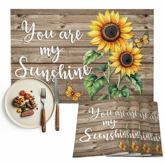 Farmhouse Floral Sunflower Placemat of 1 PC, You Are My Sunshine Table Mats Washable Heat-Resistant Non-Slip Place Mats for Kitchen Dinner Table Indoor Outdoor Decor,13x19 Inch Brown Wood