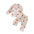 thumbnail image 2 of Musuos Little Girl Fall Satin Pajama Set, 1-5 Years Bow Print Long Sleeve Button Down Shirt Elastic Waist Pants Toddler Lounge Outfit, 2 of 10