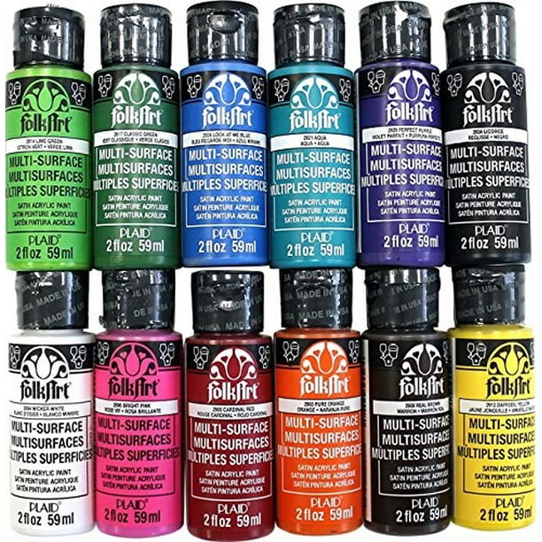 FolkArt MultiSurface Satin Acrylic Craft Paint Set, 12 Colors, 2oz