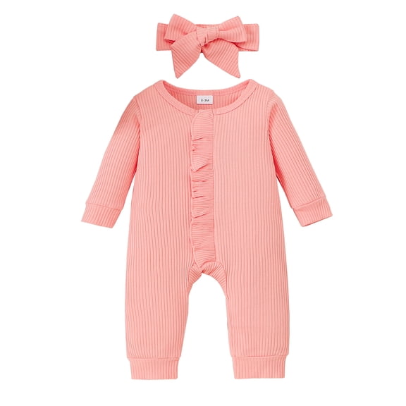 6 Months Baby Girls Clothes 12 Months Girls One-piece Bodysuit Solid Color Infant Girls Long Sleeve Crew Neck Romper with Headband Pink