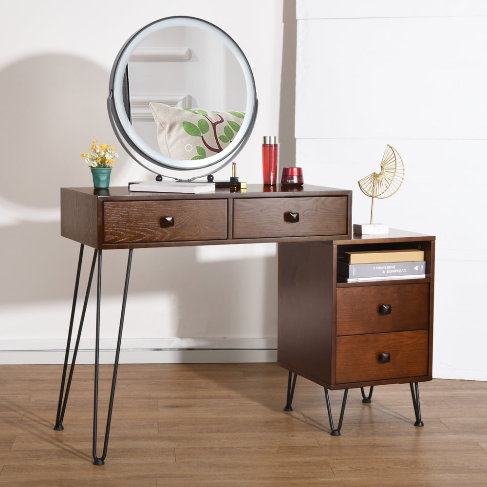 Ubesgoo Vanity Table And Stool Set With Touch Screen Mirror 3 Color Lighting Modes Makeup Desk Storage Cabinet Brown Walmart Com Walmart Com