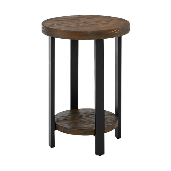 Alaterre Furniture Pomona 20" Round End Table with 2 Shelves, Solid Pine Wood Top, Metal Legs, Rustic Natural Brown Finish