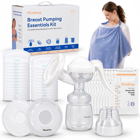 Momfree Breast Pumping Essentials Kit for New Moms, Manual Breast Pump, Milk Bags, Nursing Pads, Milk Collectors, Nursing Cover & Travel Storage Bag