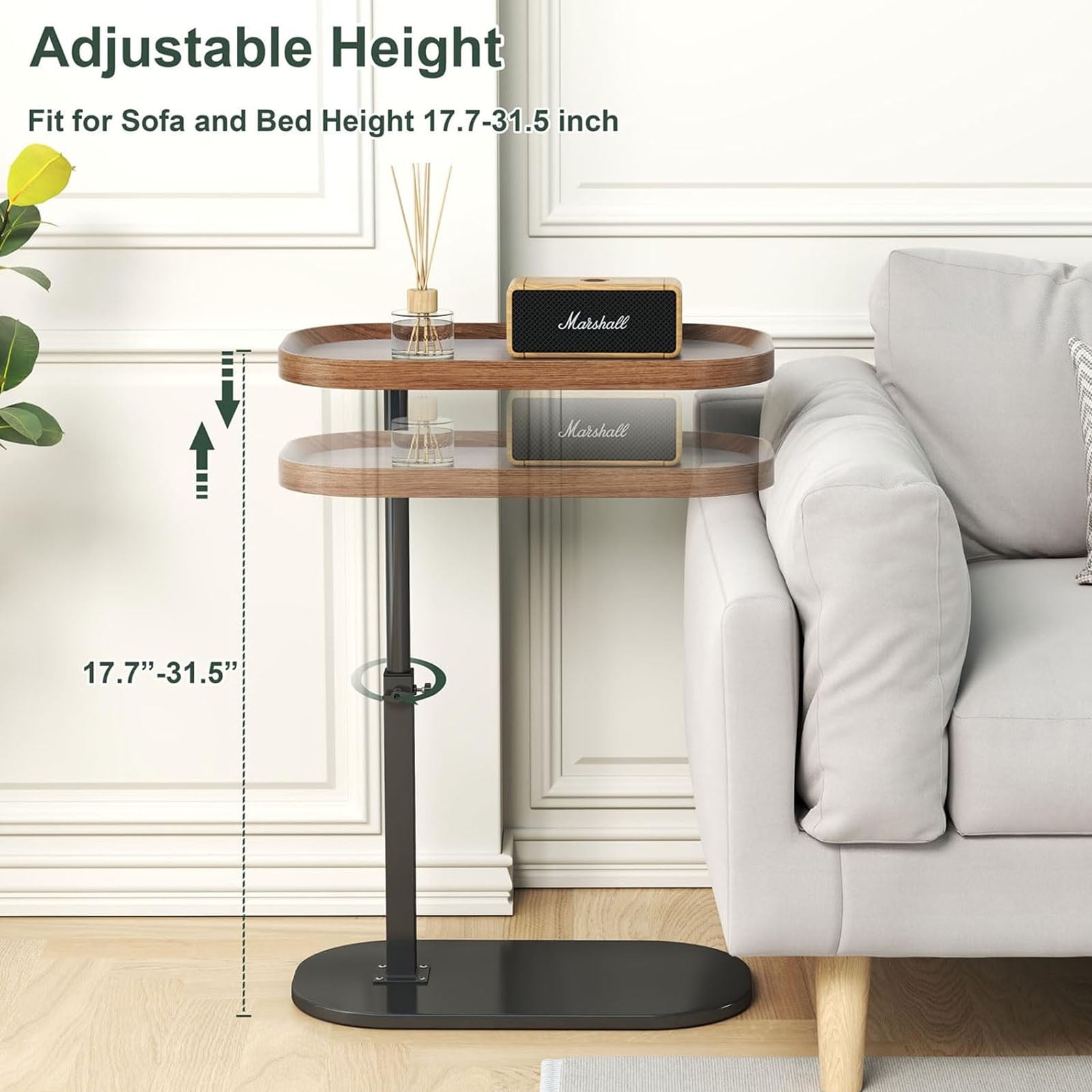Yabanana C Shaped Side Table End Table, 360° Swivel and Adjustable Height Side Table Sofa Table for Couch(Walnut)