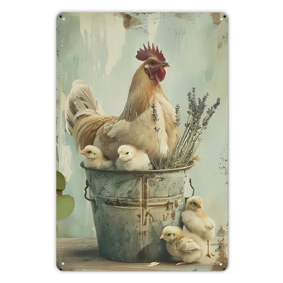 2D Flat, 1pc Rustic Farmhouse Chicken & Chicks Metal Tin Sign - Vintage 2D Printed Iron Wall Art 8x12 Inch, Weather-Resistant Indoor/Outdoor Decor for Ranch, Home Garden