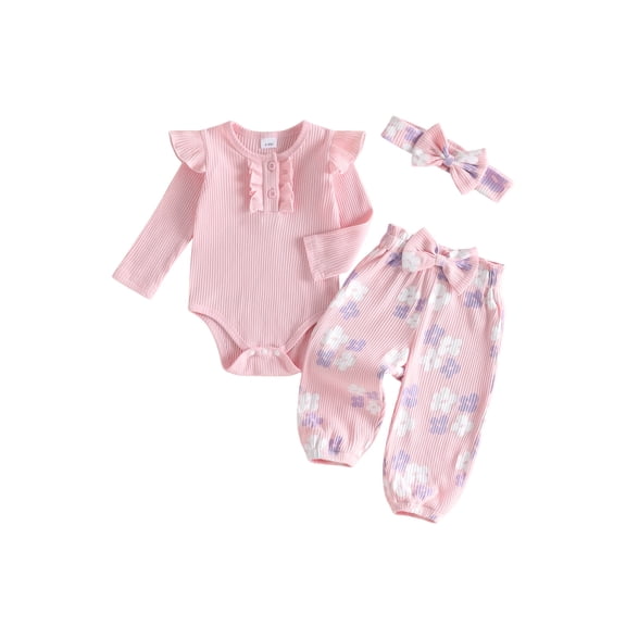 Loicainy Infant Baby Girls Fall Outfit 3 6 9 12 Months Long Sleeve Romper with Flower Pants and Headband Clothes Set