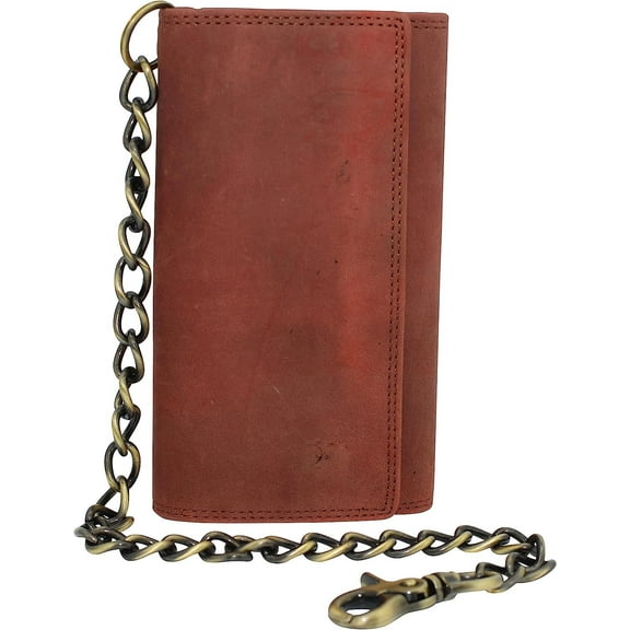 RFID Blocking Mens Tri-fold Long Style Crazy Horse Leather Steel Chain Wallet, Hot Pink