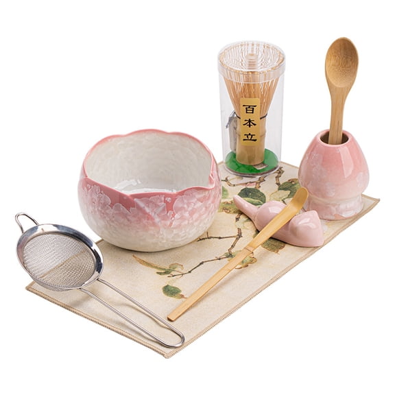 Wanchiy Pink Japanese Matcha Tea Set – 8-Piece Ceremonial Kit with 520ml Matcha Bowl, Bamboo Whisk, Whisk Holder, Scoop, Sifter, Tea Tray, Tea Mat, and Cat-Shaped Rest