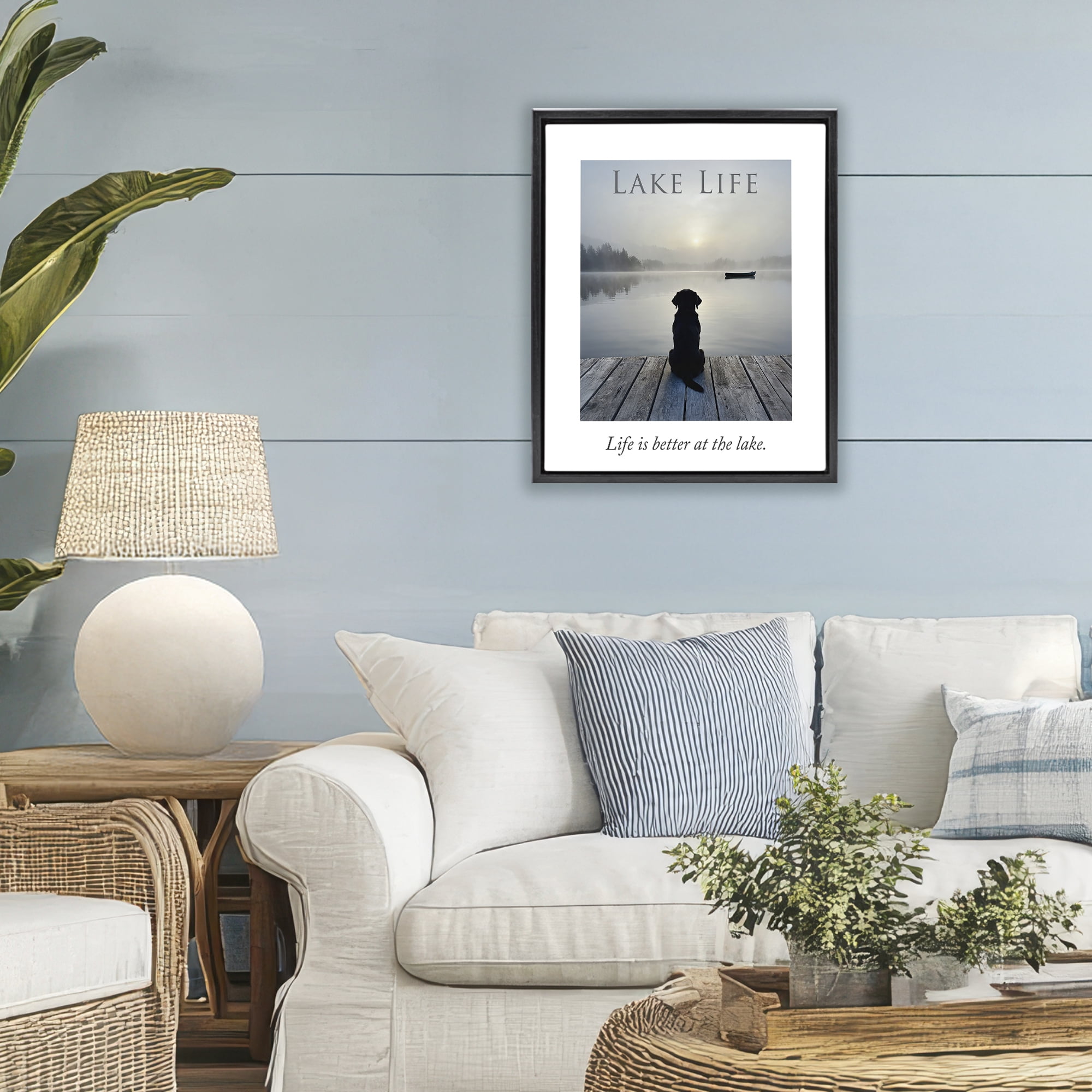 Stupell Industries Lake Life with Dog Black Framed Floater Canvas Wall Art, design by A Barefoot Stylist
