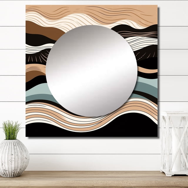 Designart "Line Art Elegance in Teal and Black I" Abstract Shapes Square Mirror For Wall Decor - Large Teal Square Printed Wall Mirror Art - Wall Mounted Square Large Mirror