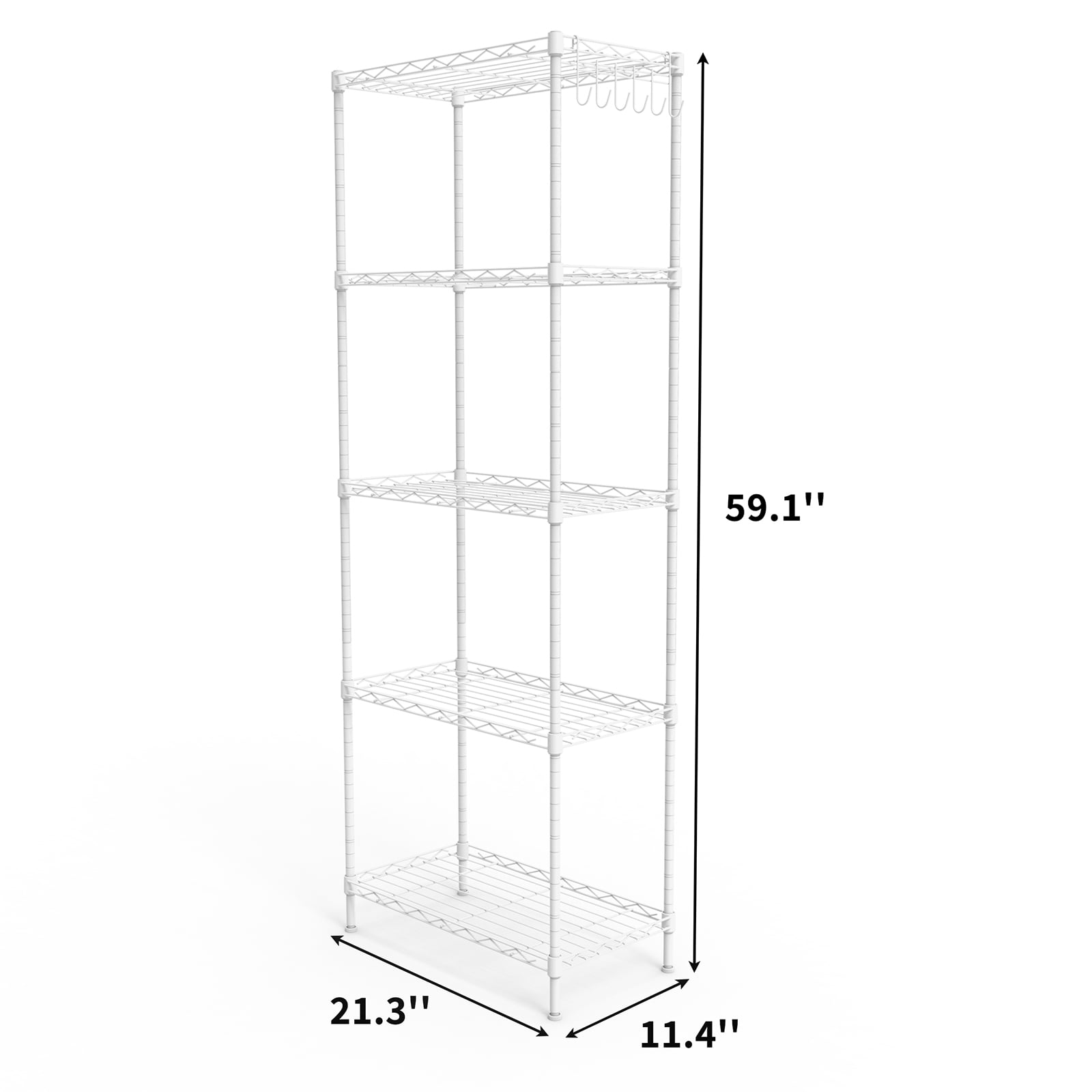 5-Tier Pin-Type Adjustable Display Rack Matte White Iron Storage Shelving Unit with Leveling Feet Compact Vertical Organizer for Retail Home Office