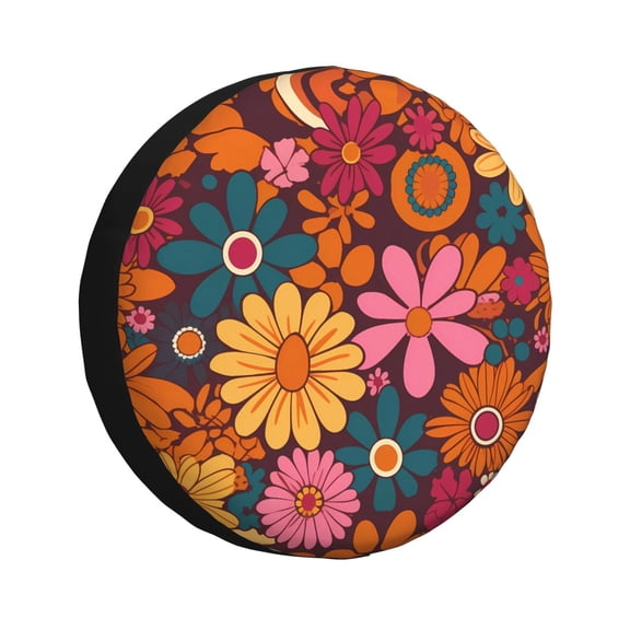14 Inch Spare Tire Cover Waterproof Uv Resistant Universal Suv Truck Jeep Trailer Easy Install Adjustable Rope Buckle Colorful Floral Pattern Groovy Flowers (1) (1)