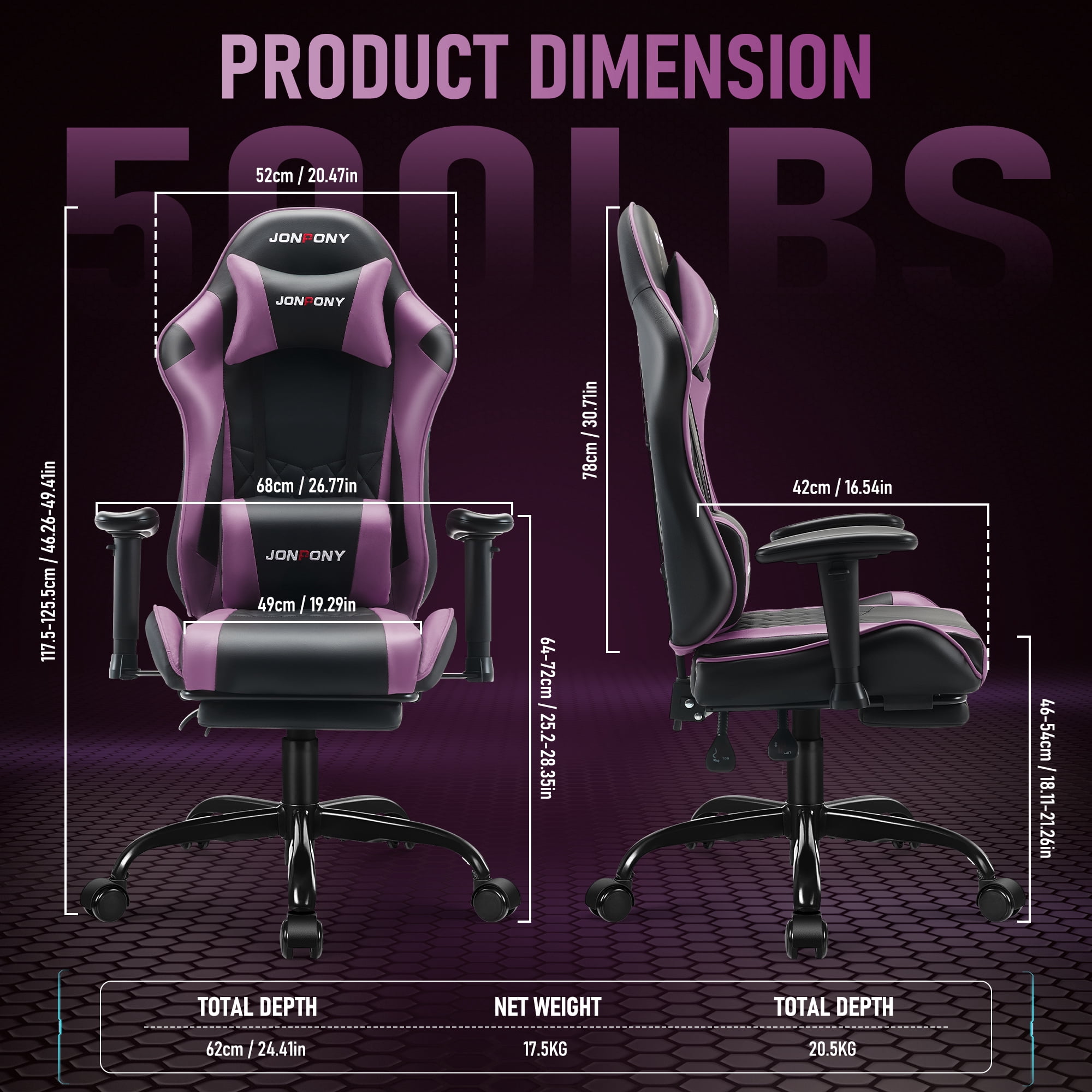 JONPONY Big and Tall 500LBS Gaming Chair, Ergonomic Design with 2D Armrests,PU Leather with Footrest and Lumbar Support, High Back Office Chair Support 8 Hours Long Sitting, Computer Chair,Purple