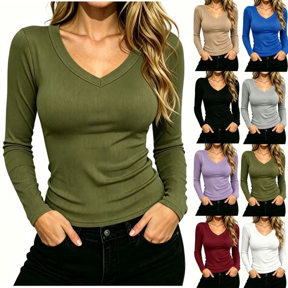 Women's V Neck Ribbed Knit Long Sleeve T Shirt,Slim Fit Stretch Basic Layering Top,Army Green,Women's Plus Size L