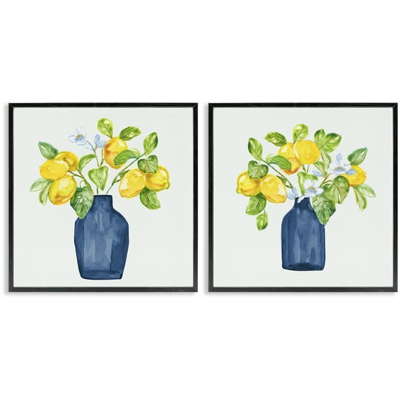 Stupell Industries Lemon Branches in Vases Food & Beverage Painting Black Framed Art Print Wall Art, 12 x 12, Set of 2
