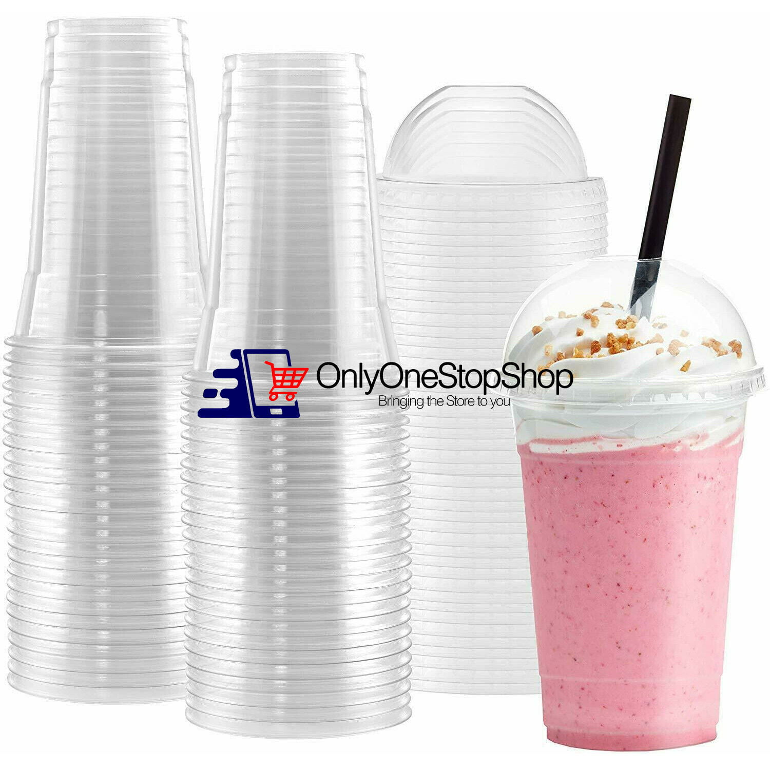 12oz Disposable Plastic Smoothie Milkshake Cups with Optional Lids & Straws 