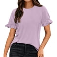 thumbnail image 2 of Plebaso Hauts Mignons pour Femmes, T-Shirts à Manches Courtes à Volants, Col Rond, Couleur Unie, Blouses d'Été Décontractées, 2 of 7