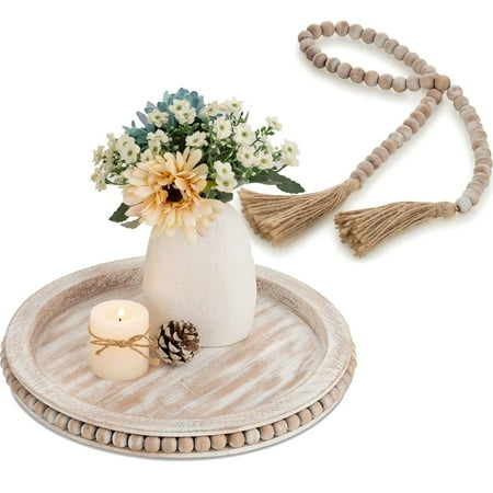 

Hanobe Farmhouse Decor Tray with Bead Garland Round Pinkish Wood 11.8