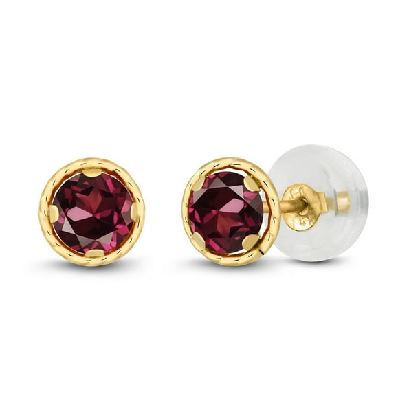 Gem Stone King 0.74 Ct Round 4mm Red Rhodolite Garnet 14K Yellow Gold Stud Earrings for Women Men