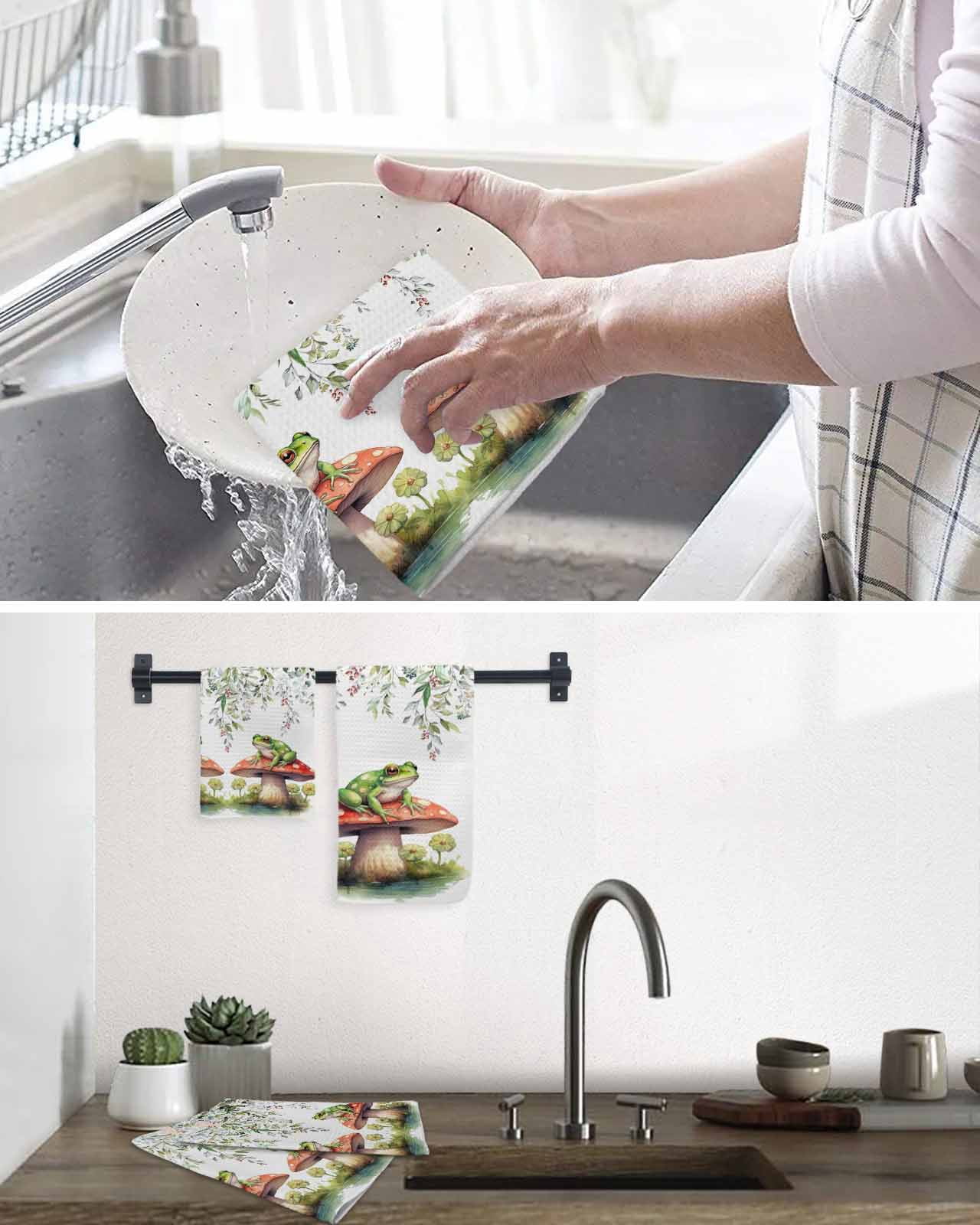 Mushroom Frogs Kitchen Dish Towels for Drying Dishes Set of 3, Spring Floral Summer Eucalyptus Leaves Waffle Weave Microfiber Hand Tea Bathroom Towels Quick Dry & Absorbent Towel 12x12