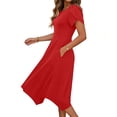 thumbnail image 2 of TaTaai Short Sleeve Flutter Sleeve Dress Women's Solid Color Round Neck Midi Dress Casual Irregular Hem Lightweight Stretchy Wear Gift, 2 of 6