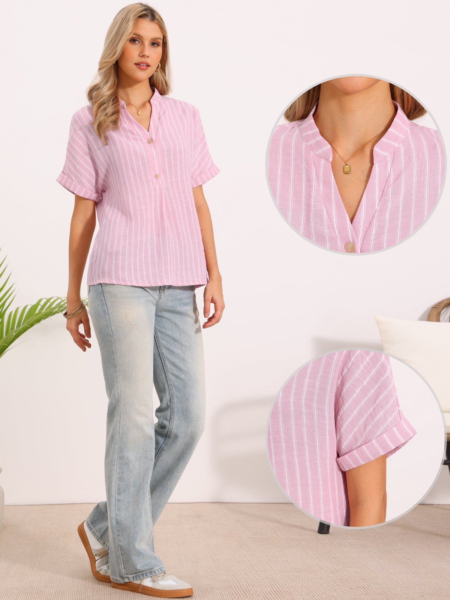 DARING DIVA Women's Short Sleeve Striped Shirt Work V Neck Button Front Top XS Light Pink