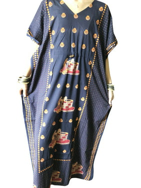 Mogul Women Caftan Maxi Dress, Blue Traditional Print, Bohemian Cotton Loose DResses, Summer Beach Long Kaftan L