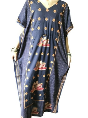 Mogul Women Caftan Maxi Dress, Blue Traditional Print, Bohemian Cotton Loose DResses, Summer Beach Long Kaftan L