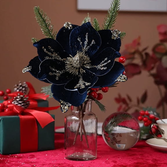 HCBY Christmas Glitter Magnolia Flowers Christmas Tree Velvet Magnolia Artificial Flowers Fake Magnolia Poinsettia Flowers for Christmas Party Tree Xmas Wreath Holiday Gift Idea Navy