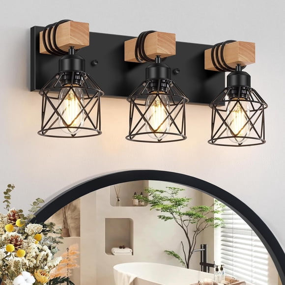 3-Light Wood Bathroom Vanity Light Fixtures Over Mirror,Wood Bathroom Vanity Lights for Bathroom, Industrial Black Vanity Light with Metal