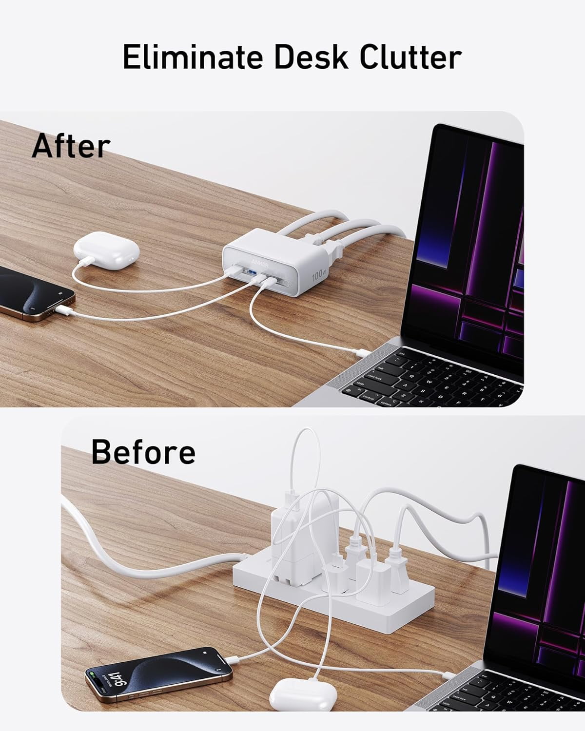 Anker Charging Station(100W Max), 7-in-1 USB C Power Strip for iPhone 15/14 and Macbook Air/Pro, 5ft Thin Cord,3 AC, 2 USB A,2 USB C,Power Delivery Desktop Accessory for MacBook Pro,Home&Office(White)