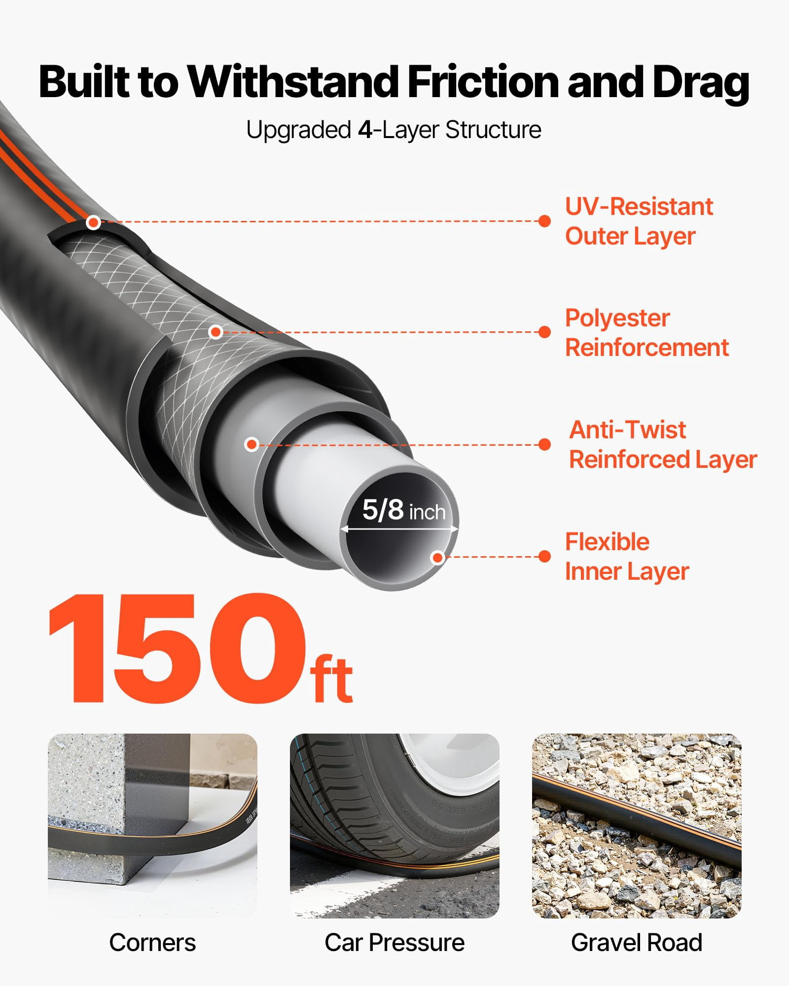 Garden Hose, 150 ft 5/8" Heavy Duty Rubber Water Hose with 10 Mode Nozzle, 150PSI Working & 600PSI Burst, Flexible & Non-kink Outdoor Waterhose with 3/4" Fitting, Lightweight Hoses for Gardening