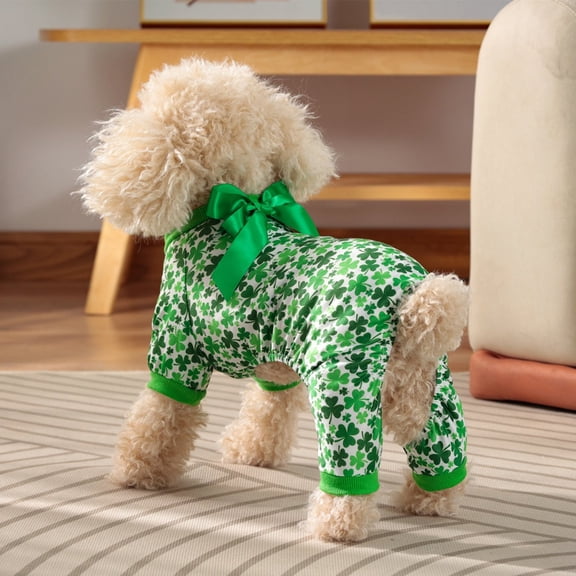 Shamrocks Print St.Patrick's Day Dog Pajamas Cozy Green Puppy Footie Pjs with Green Bow and Good Luck Clover Pattern Cat Holiday Outfit Kitten Irish Festive Clothes Pet Party Apparel(B,L)